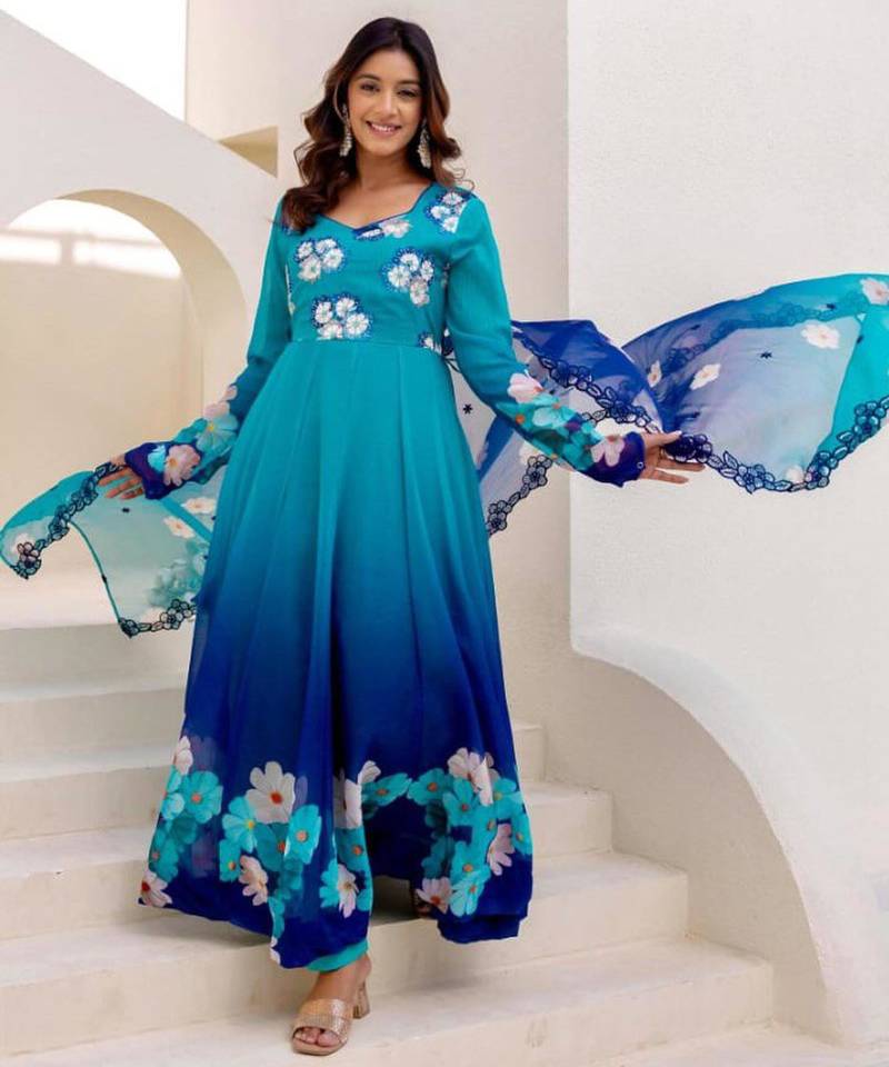 Blue organza embroidered flared gown set