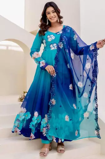 Blue organza embroidered flared gown set