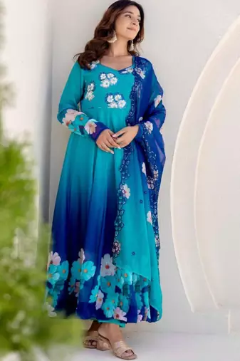 Blue organza embroidered flared gown set