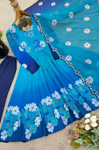 Blue organza embroidered flared gown set