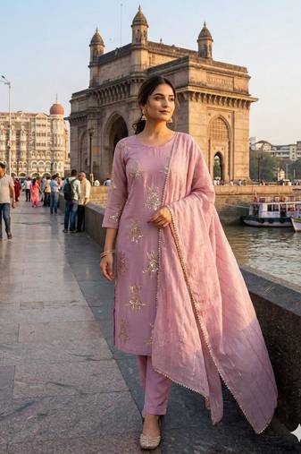Pink silk blend embroidered kurta set