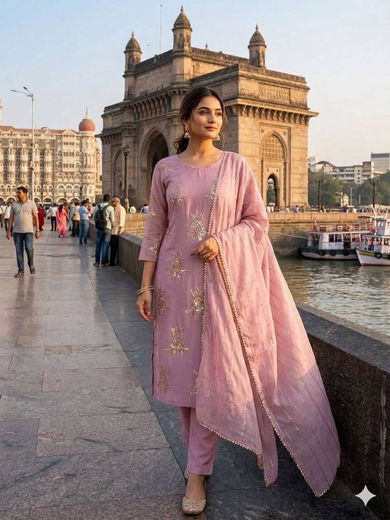 Pink silk blend embroidered kurta set