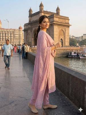 Pink silk blend embroidered kurta set 2