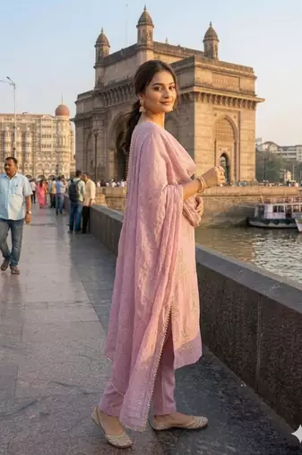 Pink silk blend embroidered kurta set