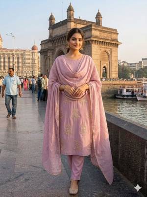Pink silk blend embroidered kurta set 3