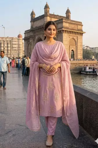 Pink silk blend embroidered kurta set