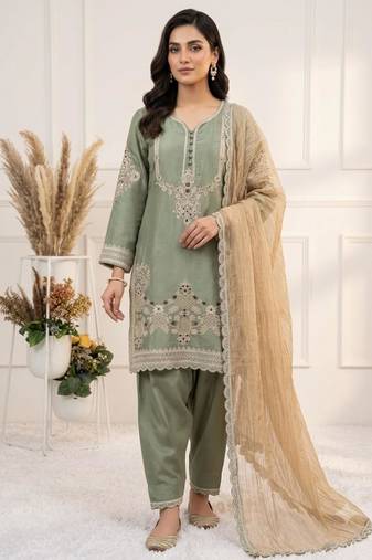 Green silk blend embroidered farshi salwar set