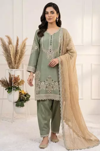 Green silk blend embroidered farshi salwar set