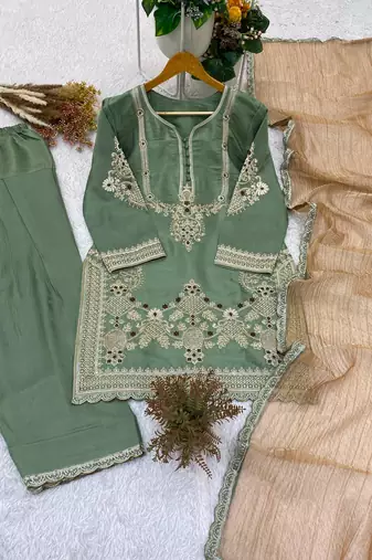 Green silk blend embroidered farshi salwar set