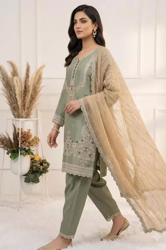 Green silk blend embroidered farshi salwar set