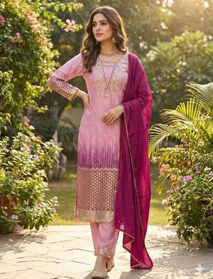 Pink silk blend embroidered kurta set 1