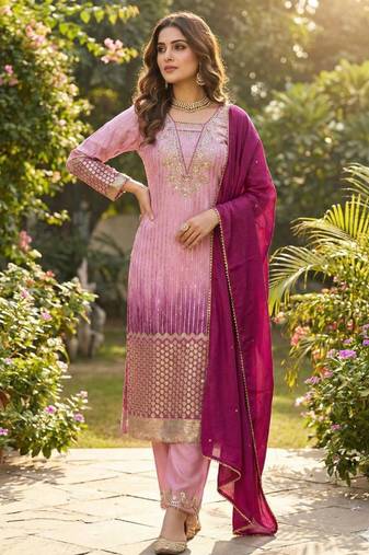 Pink silk blend embroidered kurta set