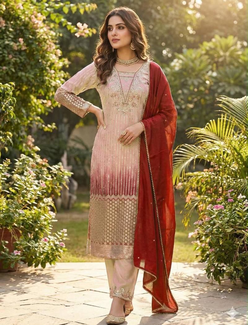 Pink silk blend embroidered kurta set