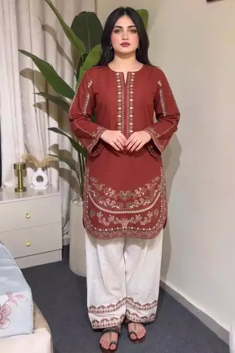 Maroon silk blend embroidered palazzo set