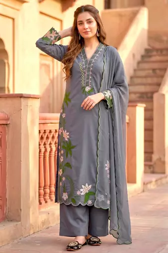 Grey silk blend embroidered palazzo set