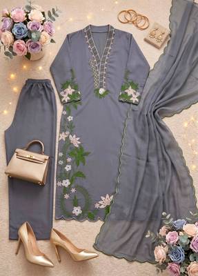 Grey silk blend embroidered palazzo set 2