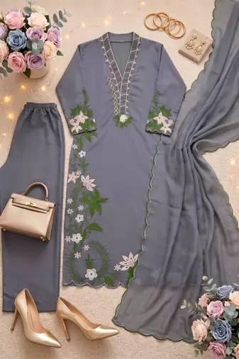 Grey silk blend embroidered palazzo set