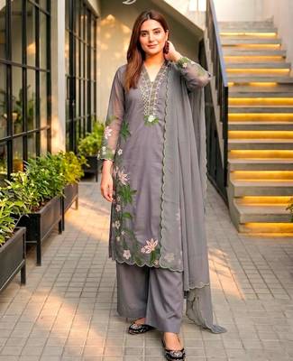 Grey silk blend embroidered palazzo set 3