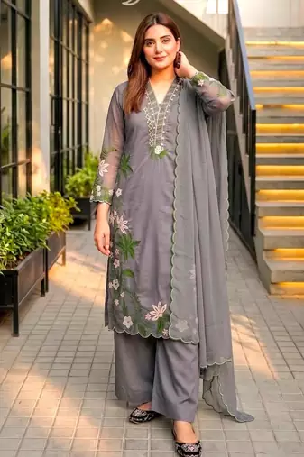 Grey silk blend embroidered palazzo set