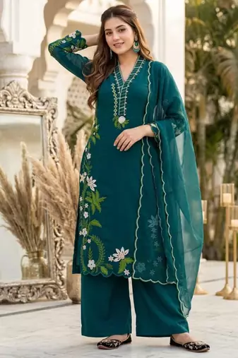 Teal silk blend embroidered palazzo set