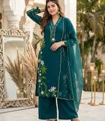 Teal silk blend embroidered palazzo set