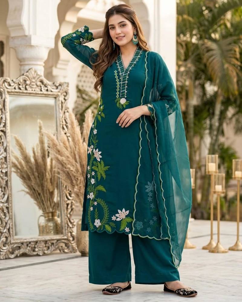 Teal silk blend embroidered palazzo set
