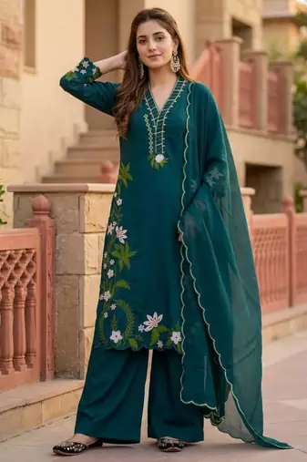 Teal silk blend embroidered palazzo set