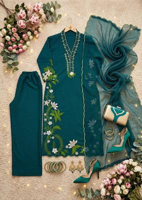 Teal silk blend embroidered palazzo set 3