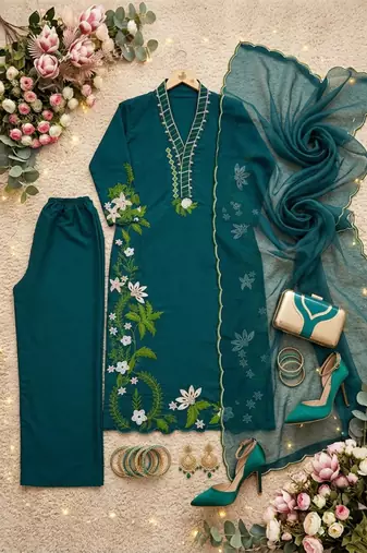 Teal silk blend embroidered palazzo set