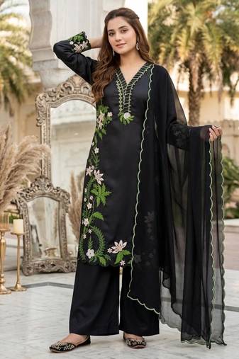Black silk blend embroidered palazzo set