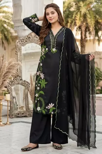 Black silk blend embroidered palazzo set