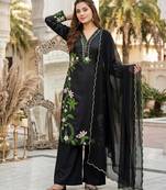 Black silk blend embroidered palazzo set
