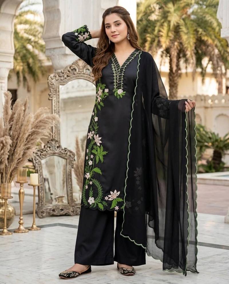 Black silk blend embroidered palazzo set