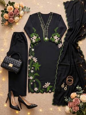Black silk blend embroidered palazzo set 2