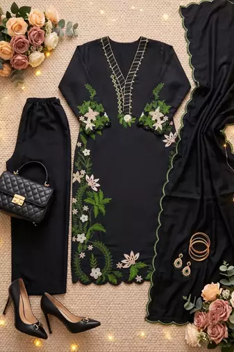 Black silk blend embroidered palazzo set