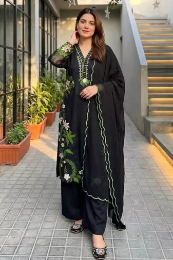 Black silk blend embroidered palazzo set