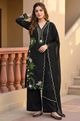 Black silk blend embroidered palazzo set