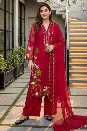 Magenta silk blend embroidered palazzo set