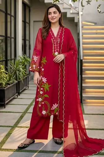 Magenta silk blend embroidered palazzo set
