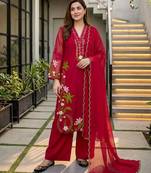 Magenta silk blend embroidered palazzo set