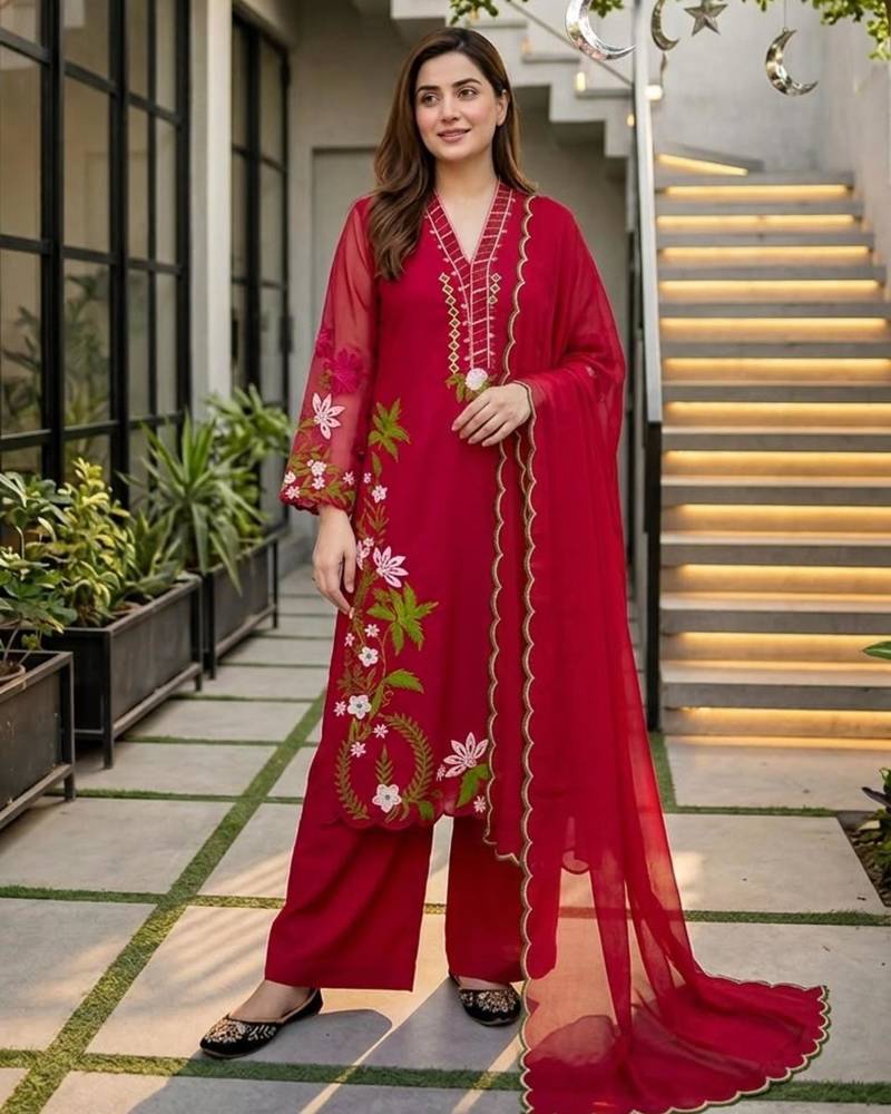 Magenta silk blend embroidered palazzo set