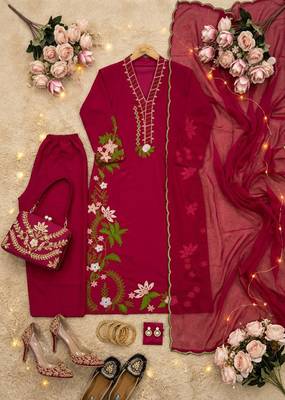 Magenta silk blend embroidered palazzo set 2