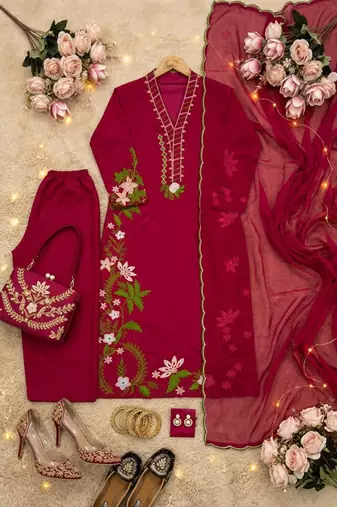 Magenta silk blend embroidered palazzo set