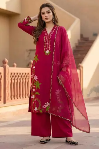 Magenta silk blend embroidered palazzo set