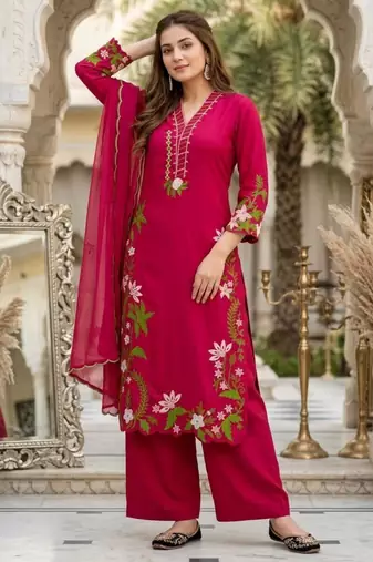 Magenta silk blend embroidered palazzo set