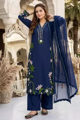 Navy blue silk blend embroidered palazzo set