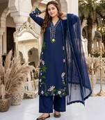 Navy blue silk blend embroidered palazzo set