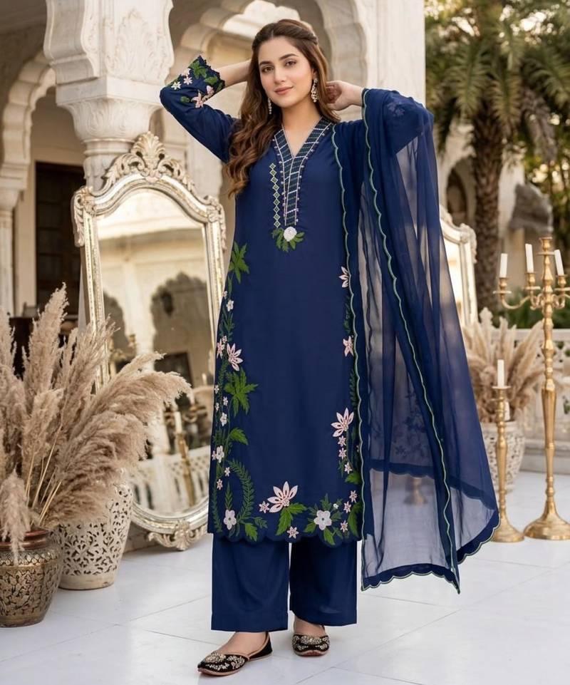 Navy blue silk blend embroidered palazzo set