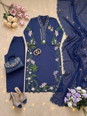 Navy blue silk blend embroidered palazzo set 2