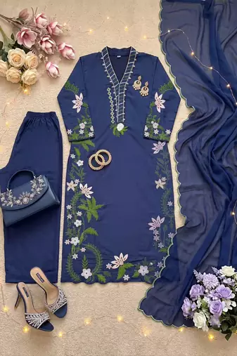 Navy blue silk blend embroidered palazzo set